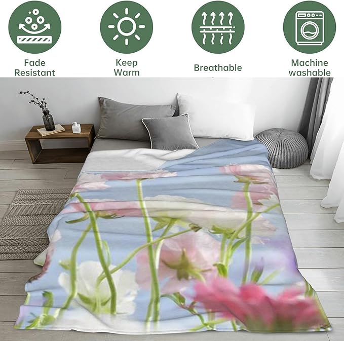 Beautiful Floral Blanket - Ultra Soft & Cozy Flannel Throw Blankets with Flowers, Warm, Lightweight & Fuzzy - Perfect for Bed, Couch, Travel & Outdoor Use - for Men Women Adults 60"×50"