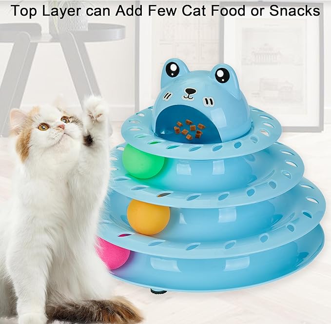 Suhaco Cat Toys Interactive for Indoor Cats Kitten Toy Fun Roller 4 Level Cat Teaser Ball Toys with 4 Colorful Balls Kitten Puzzle Toys for Boredom (Blue)