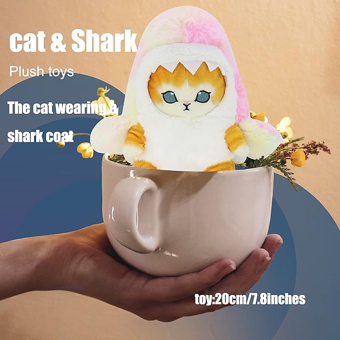 Kawaii Shark Cat Plush Toy Stuffed Animal Doll, Soft Pillow for Boys & Girls (Tie-dye Shark cat, 20cm/7.8in)