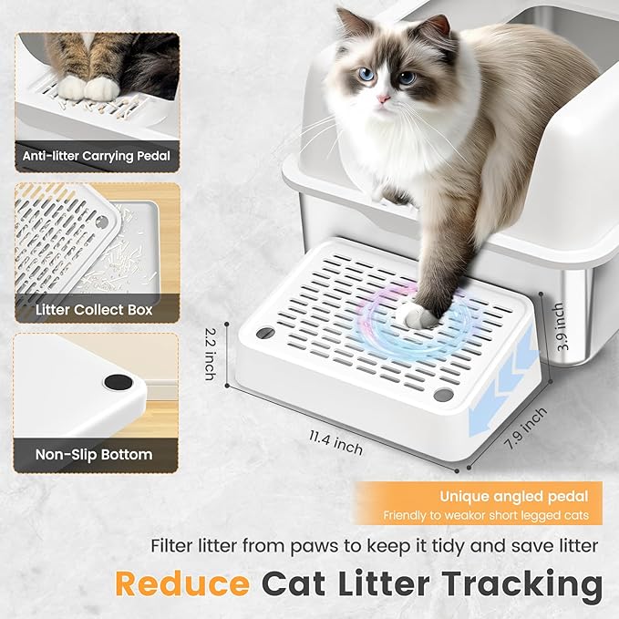 2 Pack Stainless Steel Cat Litter Box, Enclosed Metal Litter Box with Lid, XL Extra Large Cat Litter Box for Big Cats, Non-Sticky High Side Kitty Litter Box (White&LightGrey)