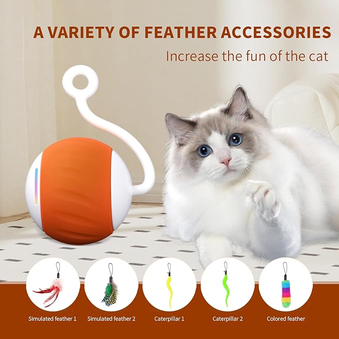 Cat Balls Interactive Cat Toys for Indoor Cats 6-in-1 Rollie Pet Smart Cat Toy Ball Speedy Tail Cat Toy Mouse LED Rainbow Lights Feathers USB Charging, Touch Control and Sound Control (Orange)