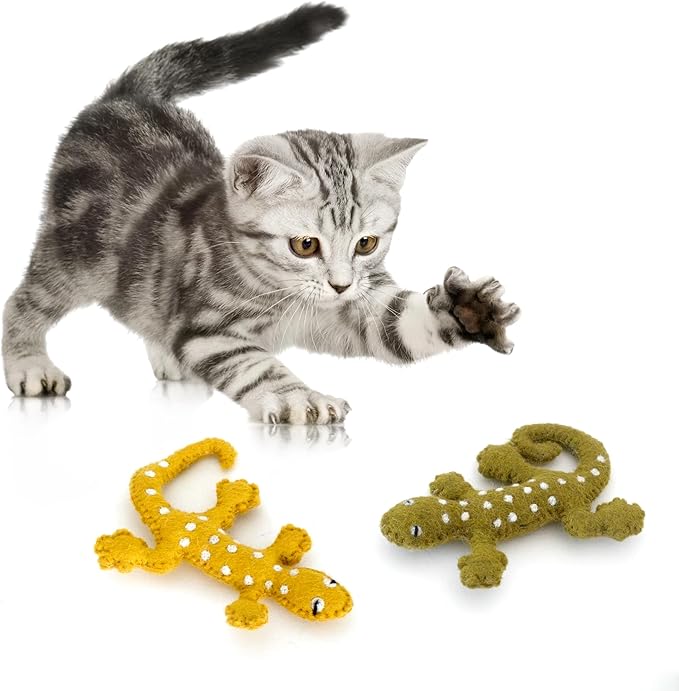 Glaciart One Felt Lizard Cat Toy – 2 Pcs | Soft Fuzzy Enrichment 100% Natural Wool Toy - Interactive Catnip Play Cat Toy Set - Safe for Pets, Non-AZO Colored Dyes