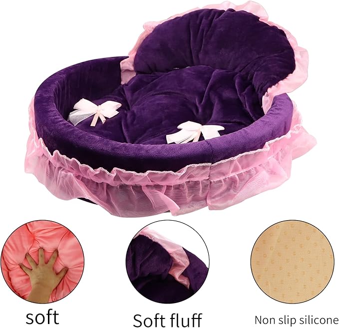 Pet Sleeping Bed for Small Dogs Cats Girl, Cozy Warm Dog Round Bed Lace Princess House with Soft Cushion, Self Warming Cat Sleep Beds Washable Pets Bedding for Indoor Kitten Puppy Girls