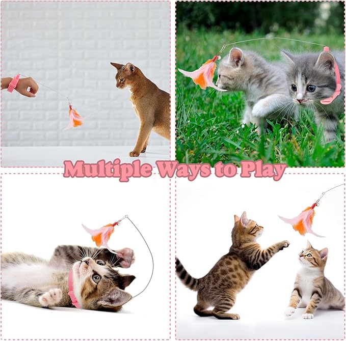 KALAMANDA Cat Collar Toy with Long Metal Rod, Upgraded Cat Feather Neck Collar Toy with 6 Replacement Refills, Interactive Self Playing Toys with Bell for Indoor Kittens Small Animals, Pink/Blue