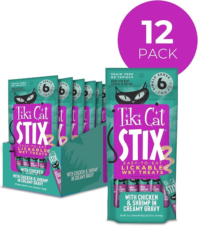 Tiki Cat Stix Mousse Treats, Single Serve Indulgent Lickable Treat or Dry Food Topper, Chicken and Shrimp in Creamy Gravy, 0.5 oz. Servings (72 Count)
