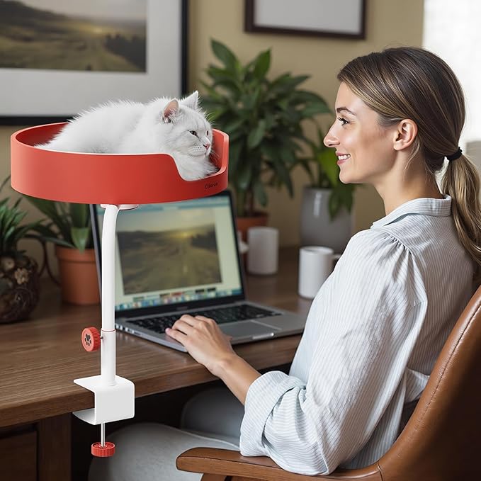 Cat Bed Desk Nest with Teaser,Easy Installation Shelf,Sturdy Frame,Removable Cushioned Cushion, Space Saving Design,Ideal for Side Table,Home Office,Fits Cats