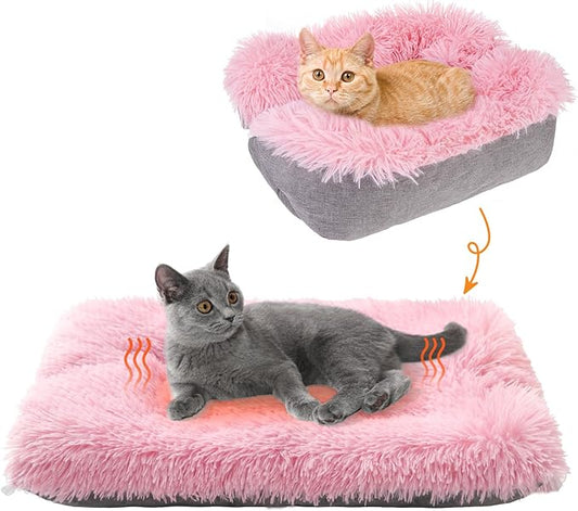 SCENEREAL Self Warming Cat Bed, Heated Cat Bed Mat for Cats Small Dogs, 2 in 1 Soft Plush, Washable Pet Pad for Indoor Outdoor Kitten Puppy, Pink 24" x 20"