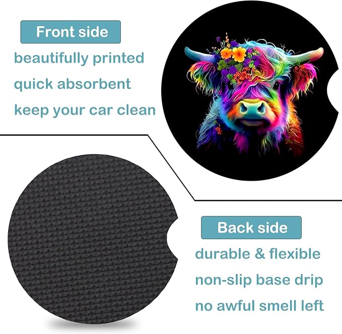 Car Coasters for Cup Holders,2 Pack Highland Cow Car Cup Holder Coasters,2.75" Universal Size Anti Slip Rubber Mat,Automotive Cup Holder Decal Decor Accessories,Cow Gifts for Women,Men,Mom,Her