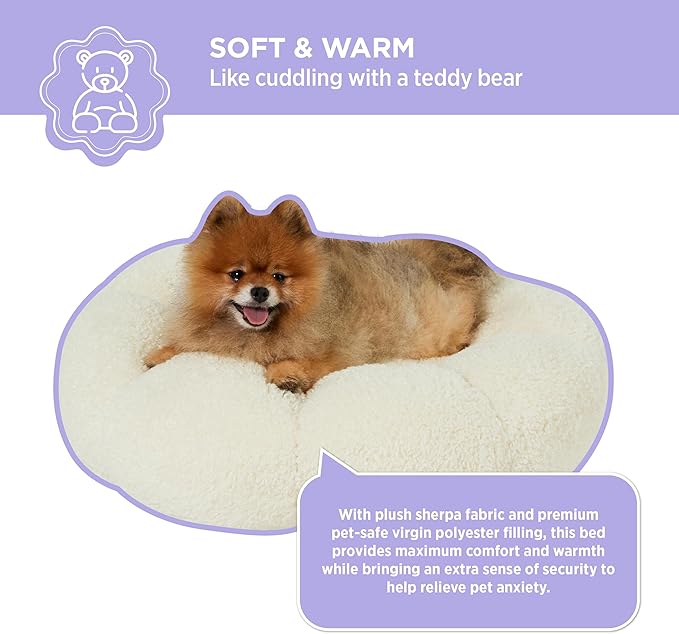 Lesure Calming Small Dog Bed - Flower Donut Round Fluffy Puppy Bed in Plush Teddy Sherpa, Non-Slip Cute Flower Cat Beds for Indoor Cats, Small Pet Bed Fits up to 25 lbs, Machine Washable, Cream 23"
