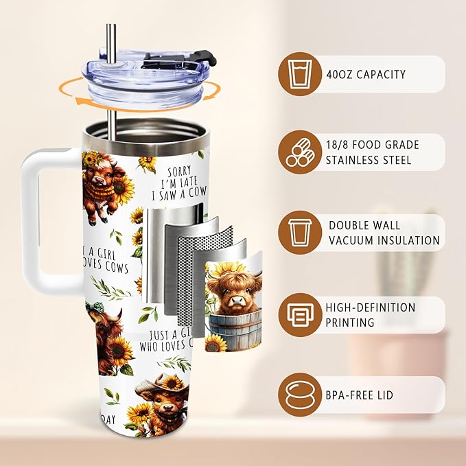 Highland Cow Gifts for Women, Cow Tumbler Flowers, Highland Cows Gift for Girls, Funny Cute Just A Girl Who Loves Cows, 40 Oz Tumbler with Handle