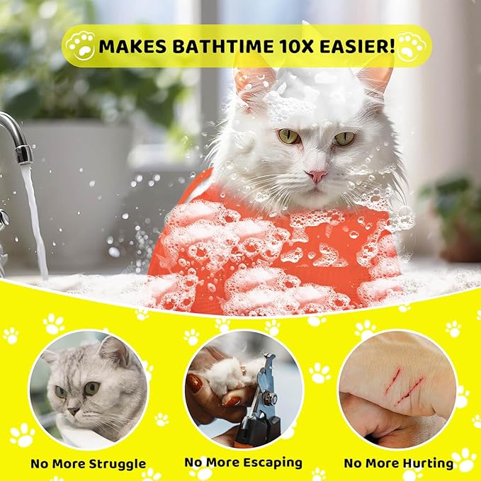 Cat Bathing Bag Anti Scratch and Bite, Cat Shower Bag Soft Mesh Net Bag for Small/Medium/Large Cats Restraint Grooming Nail Trimming Washing - Yellow