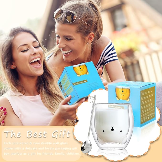 Bear Cute Mugs Kawaii Double Wall Glass Coffee Tea Mill Yogurt Cup Funny Novelty Gift for Women Her Friends Office Birthday Christmas