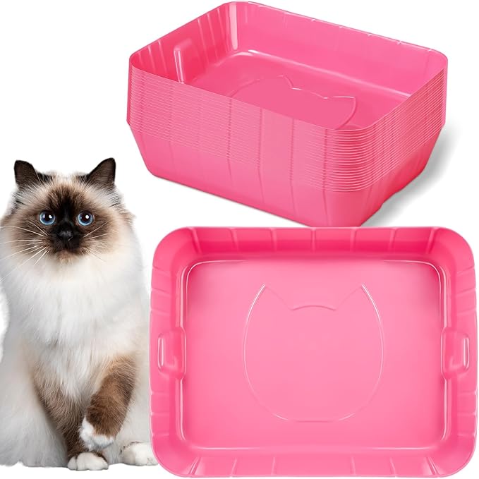 Bokon 25 Pcs Disposable Litter Boxes for Cats Plastic Cat Litter Tray Kitten Litter Pan for Kitty Rabbit Guinea Pig Hamster Pets Supplies Travel Home Toilet, 15.7 x 11.8 x 3 Inches (Pink)