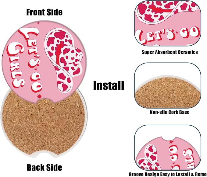 Car Cup Holder Coaster - Cow Hat Let's go Girl Women Absorbent Ceramic Coaster, Car Coasters for Cup Holders, Auto Accessories for Women & Men, Pack of 2