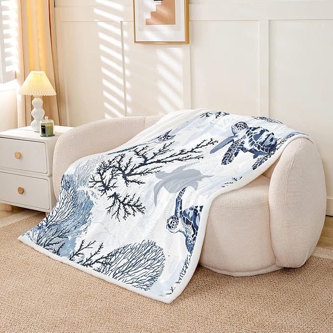 Feelyou Turtle Sherpa Blanket White Blue Sea Hawaiian Fleece Throw Tortoise Plush Ocean Beach Theme Fuzzy Underwater for Bed Sofa Couch 40''x50''