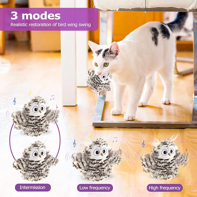 Interactive Flapping Wings Owl Cat Toys,Bird Sound Catnip Toys for Cats,Rechargeable 3 Vibration Modes Indoor cat Toy,for Prevent Boredom