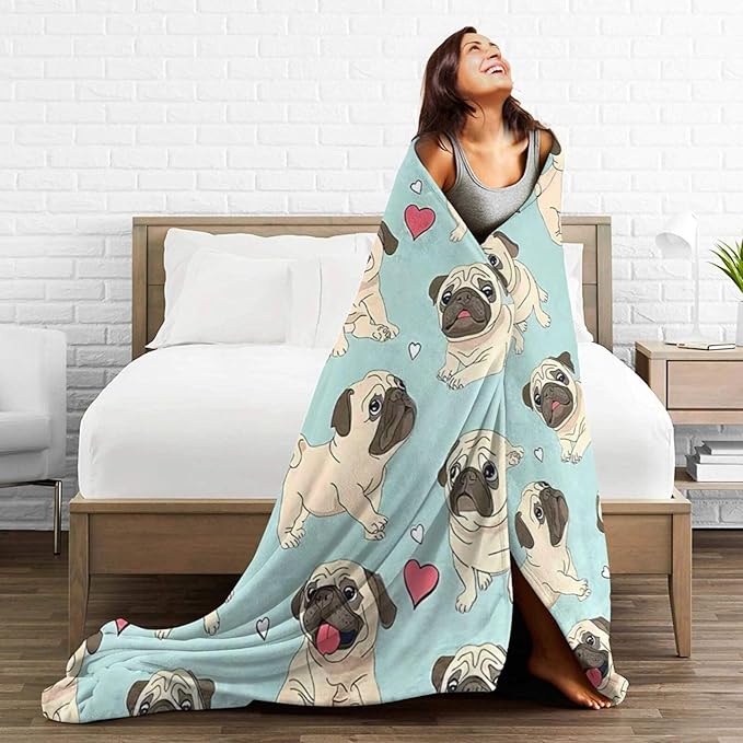 Funny Pug Blanket - Cute Throw for Dog Decor, Cozy Print Flannel Fleece, Soft Plush Fuzzy Warm Lightweight Bedding, Gifts for Women Men Girls Kids 50"X40"