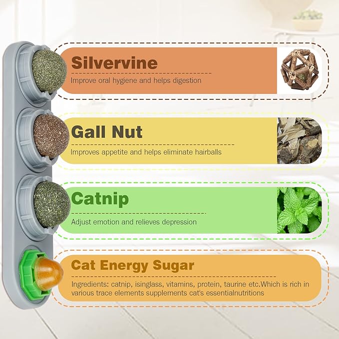 Catnip Ball for Cats Wall, 4 Pack, Silvervine Balls, Edible Toys, Lick Safe Healthy Kitten Chew & Teeth Cleaning Dental Toys, Wall Treats (Grey)