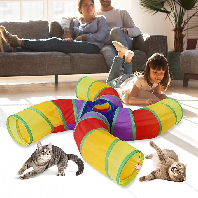 Bemodst Cat Tunnel for Indoor Cats Large,Cat Tubes and Tunnels Collapsible S-Shape Cat Tubes Kitty Tunnels Interactive Cat Toy with Storage Bag for Cat Small Dogs Ferret Rabbit (Colored 4-Way)