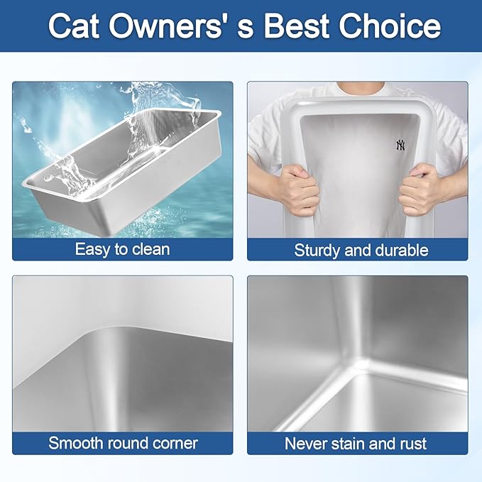 2 Pack Extra Large Stainless Steel Cat Litter Boxes, High Sides Metal Cat Litter Box for Multi-Cats Big Cats XL Metal Litter Pan Tray, Non-Sticky, Easy Cleaning（Gray）
