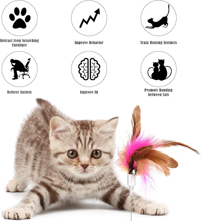 Cat Teasing Wand, Cat Teaser Wand Toy Silicone Adjustable Cat Feather Collar Toys with Bell Cat Interactive Teaser Toys for Indoor Cat Kittens Playing Exercise (Blue)