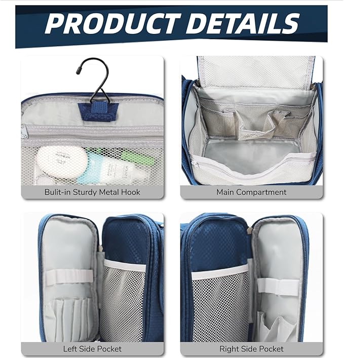 Buruis Large Capacity Toiletry Bag for Women and Men, Hanging Toiletry Organizer Cosmetics Makeup Bag, Water-resistant Dopp Kit Shaving Bags for Full Sized Toiletries, Travel Essentials (Blue)