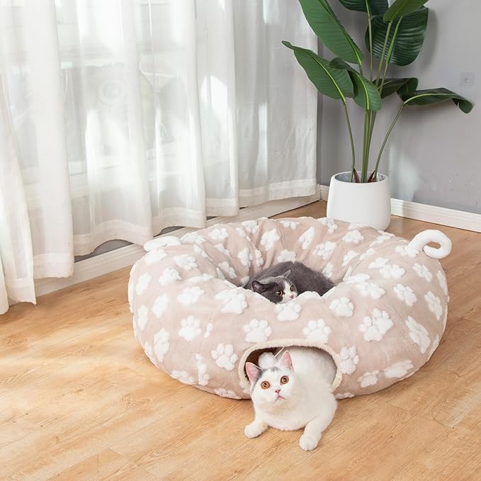 LUCKITTY Cat Tunnel Bed for Indoor Cats - Round Cat Tunnel Bed Donut Small Dog Bed Calming Pet Beds, Cute Modern Beds with Jacquard Shaggy Plush & Anti Slip Bottom, Khaki