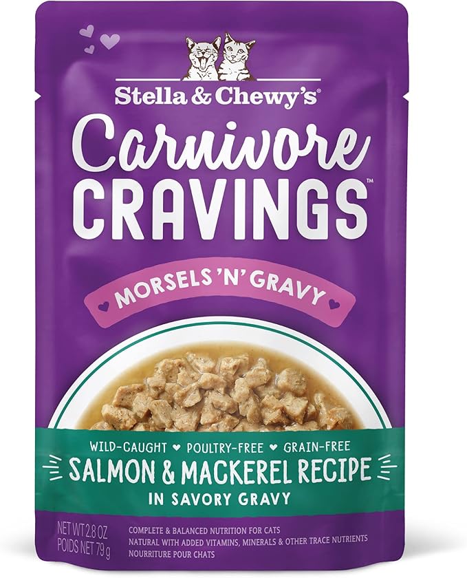 Stella & Chewy’s Carnivore Cravings Morsels & Gravy Salmon & Mackerel Recipe Wet Cat Food Pouches – (2.8 Ounce Pouch, Case of 12)