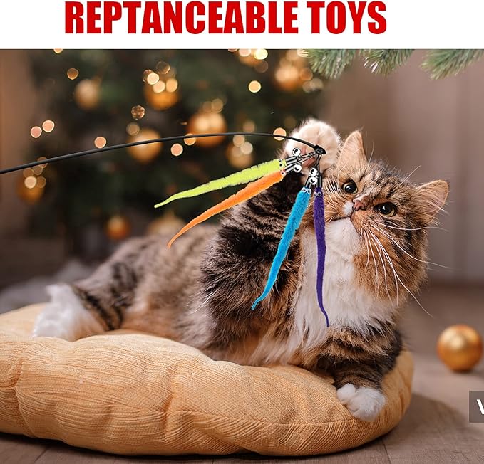 Molain Cat Wand Toy Replacement Refill -12 Pcs Furry Tail Worm with Bell Interactive Cat Chaser Toys, Kittens Wand Refills Attachments
