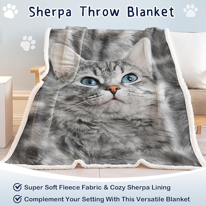 SOULZZZ Gray Cat Blankets for Cat Lovers Kids & Adults Cute Grey Cat Fleece Sherpa Blanket for Bed Chair Couch Travel Cat Themed Gifts for Women & Girls (50x60 Inches)