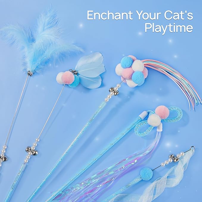 Potaroma Interactive Wand Cat Toys Toy, 5 Pcs Kitten Feather Toys for Indoor Cats to Chase and Exercise, Fun Cat Teaser, Light Blue