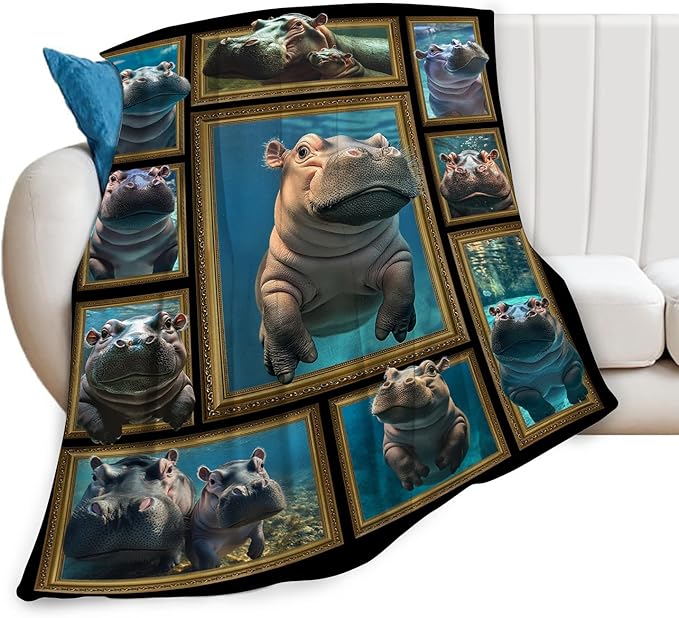 Hippo Throw Blanket Ultra Soft Cozy Cute Fleece Fuzzy Plush Lovers Decor Gifts for Women Girls Adults Couch Sofa 80"x60"