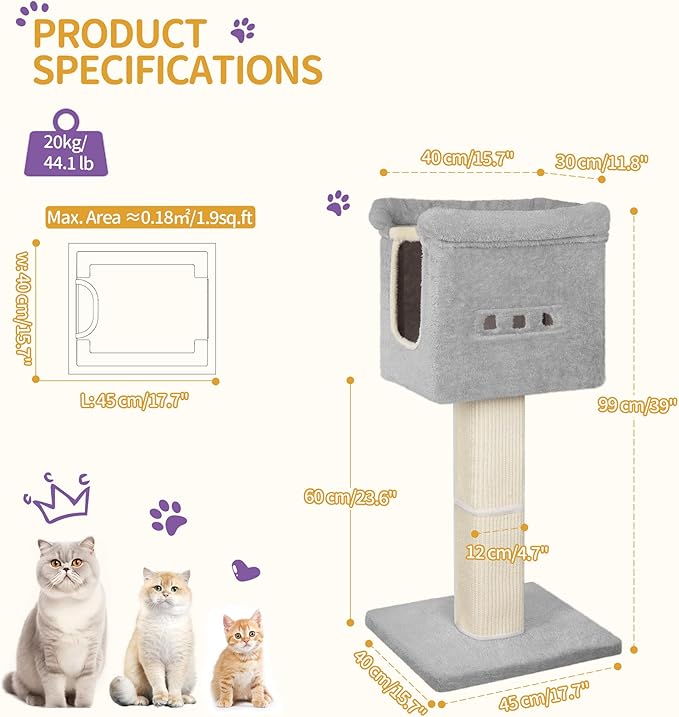 39-Inch Cat Scratching Post Tower with Bed, Cat Tower with LED Light Strip, Cat Scratcher Post with Woven Sisal, Condo, Pompom, Light Gray MS99018LG