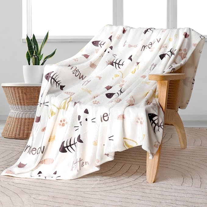Cat Blanket Cute Pet Kitten Print Blankets Cats Lovers Throw Blanket Cat with Fish Plush Throws Blanket Ultra Soft Flannel Fleece Throw Blanket for Couch Sofa Bed 60 X 80 inch