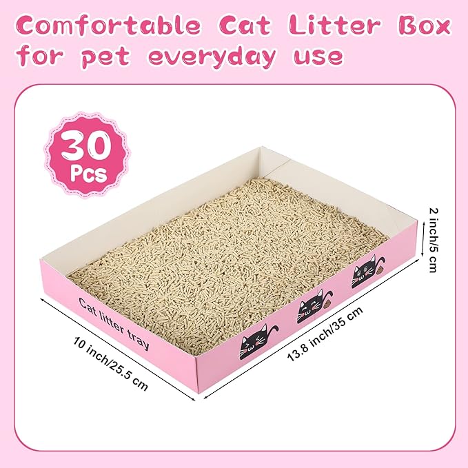 30 Pack Disposable Cat Litter Box Foldable Paper Kitty Tray 13.8x10x2 in Small Lightweight Cardboard Box Water Proof for Indoor Low Entry Easy Disposal Non Clumping Nice Absorption Portable (Pink)