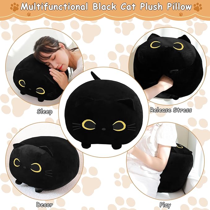 Black Cat Stuffed Animal Mommy Cat Plush Toys with 4 Squishy Baby in Her Tummy Soft Cute Hugging Pillows for Boys and Girls