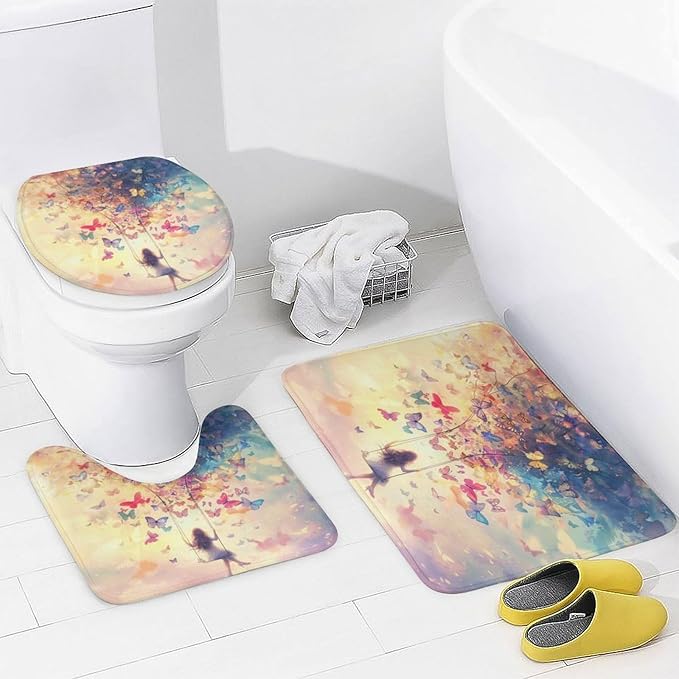 Brebasf Abstract Fantasy Animal Butterfly Shower Curtain Set Bathroom Set Decorative Watercolor Oil Painting Japanese Anime Girl Sunset Butterfly 4 Piecet