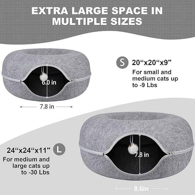 Peekaboo Cat Cave,Cat Tunnel Bed for Indoor Cats - L - 24 * 24 * 11 inch,Cat Donut Tunnel for Pet Cat House,Detachable Round Cat Felt & Washable Interior Cat Play Tunnel