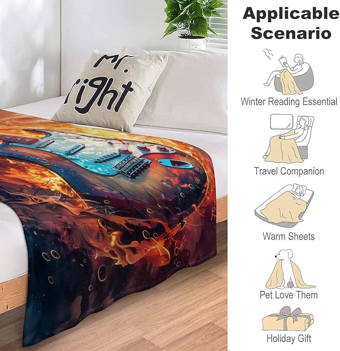 Electric Guitar Fire Print Blanket Music Musical Instruments Acoustic Rock Throw Blankets Gifts for Couch Sofa Bed Stuff Decor Lightweight Cozy Fleece Plush Flannel Bedding for Lover Men Women 60"x80"
