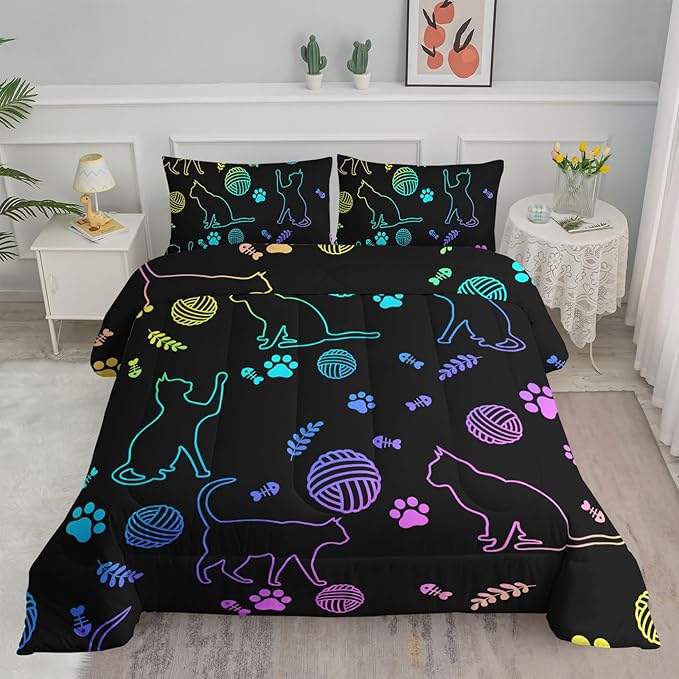 Black Cat Bedding Cartoon Cat Comforter Set Twin,Neon Cat Paw Ball of Yarn Printed Kids Bedding for Cat Lover Boys Girls Adults Room Decor,Kids Comforter,1 Quilt 2 Pillow Cases,Neon Color Purple Blue