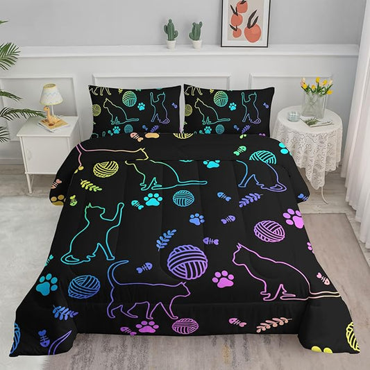 Black Cat Bedding Cartoon Cat Comforter Set Twin,Neon Cat Paw Ball of Yarn Printed Kids Bedding for Cat Lover Boys Girls Adults Room Decor,Kids Comforter,1 Quilt 2 Pillow Cases,Neon Color Purple Blue