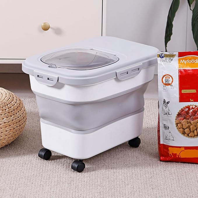 Dog Food Storage Container, Collapsible Airtight Pet Cat Food Bin with Dog Bowl, Wheels, Scoop and Measuring Cup, 20 Lb Kitchen Rice Cereal Flour Bin, Keep Fresh for Dog, Cat, Bird