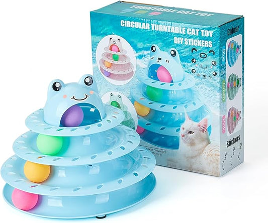 Suhaco Interactive Cat Toys for Indoor Cats Fun Roller 4 Level Cat Tower with Cute Stickers Turntable Kittens Ball Teaser Toy (Blue)