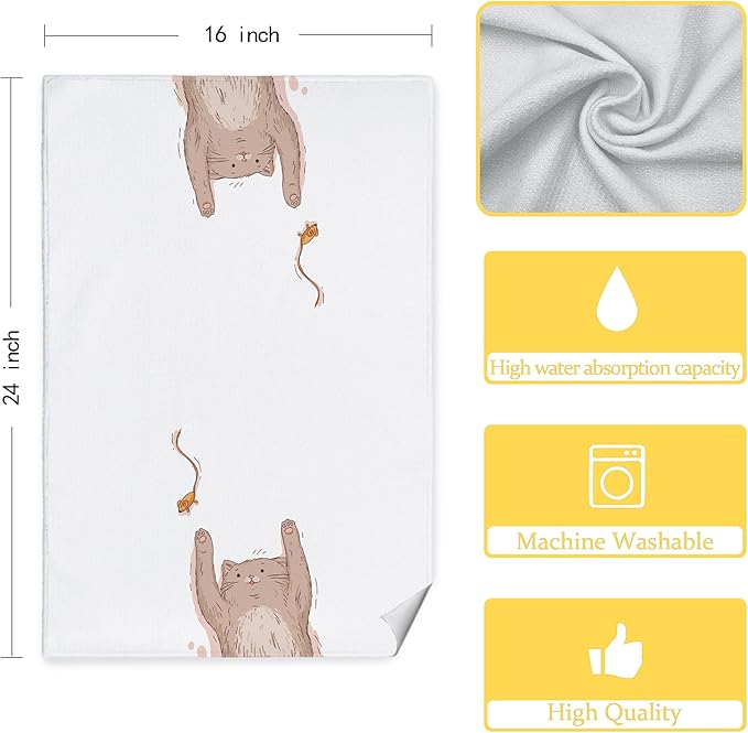 Cartoon White and Grey Cat Kitchen Towels Set of 2, Funny Cat Lover Mom Lady Gifts Dish Towels for Kitchen Decor, Cute Kitten Hand Towels for Bathroom Decor, 16x24 Inch