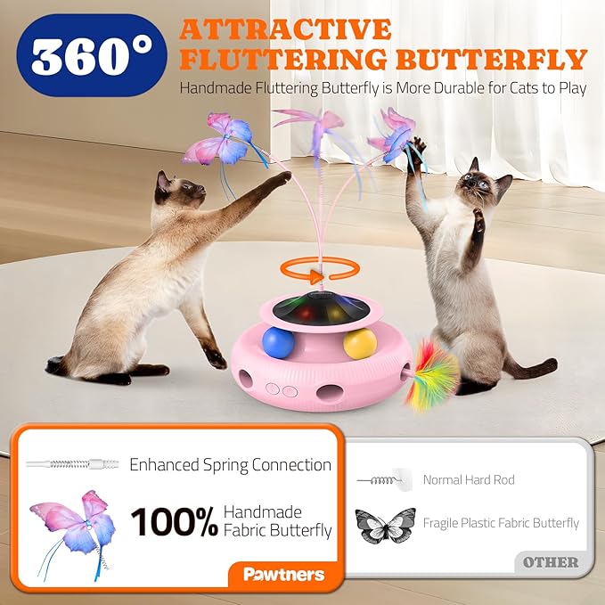 Interactive Cat Toy: 4 in 1 Automatic Cat Toy for Indoor Cats, Electric Kitten Toy with Rechargeable Battery, Self Play Kitty Toy with Fluttering Butterfly, Track Ball and Feather Pack, Pink