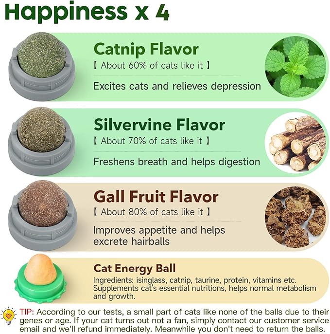 Potaroma 4 Pcs Catnip Ball Toys, 3 Silvervine Catnip Toys and 1 Cat Energy Ball for Lick, Edible Catmint Chew Toys, Kitten Teeth Cleaning Treat, More Concentrated Flavor for All Breeds