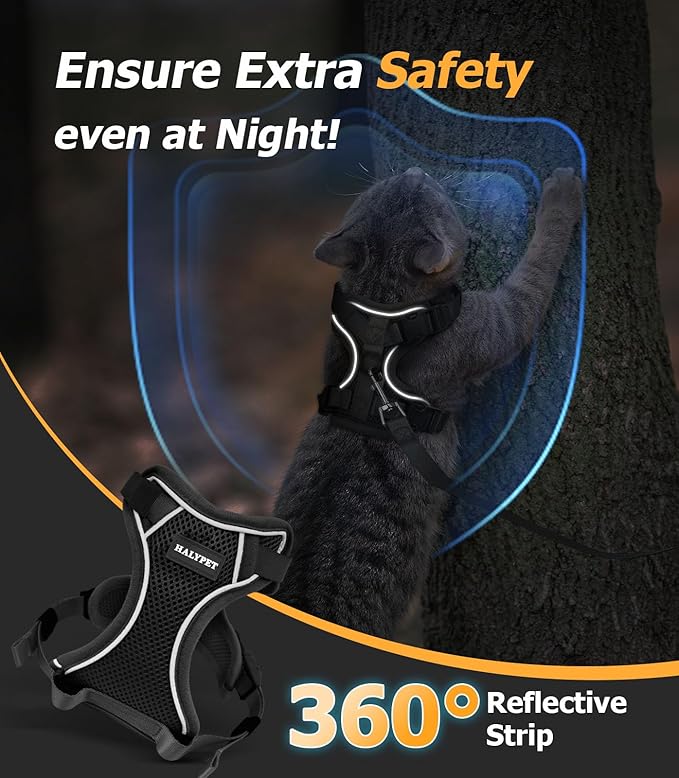 Halypet Cat Harness and Leash Set [MAX Safety 4th-Gen Upgrade] Escape Proof Adjustable Cat Leash Comfortable Soft Vest Easy to Wear Kitten Harness with Reflective Strip for Cats Walking, M Black