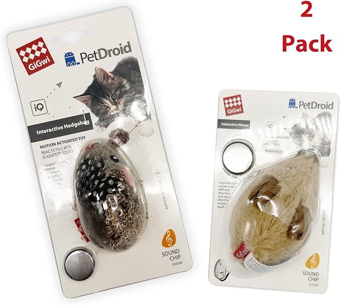 Gigwi Interactive Cat Toys Pack, Automatic Moving Mouse Electronic Cat Toys for Indoor Cats, Mouse Hunt Cat Toy for Kitten, 2 Pack (Brown Mouse & Hedgehog)