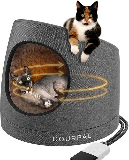 Courpal® Heated Cat Cave Bed for Indoor Cats - Surround Heating Enclosed Round Cat Dome with Adjustable Heating & Timing - Large Warm Cat Hut with FauxFur Lining for Winter Sleep - Up to 18 Lbs