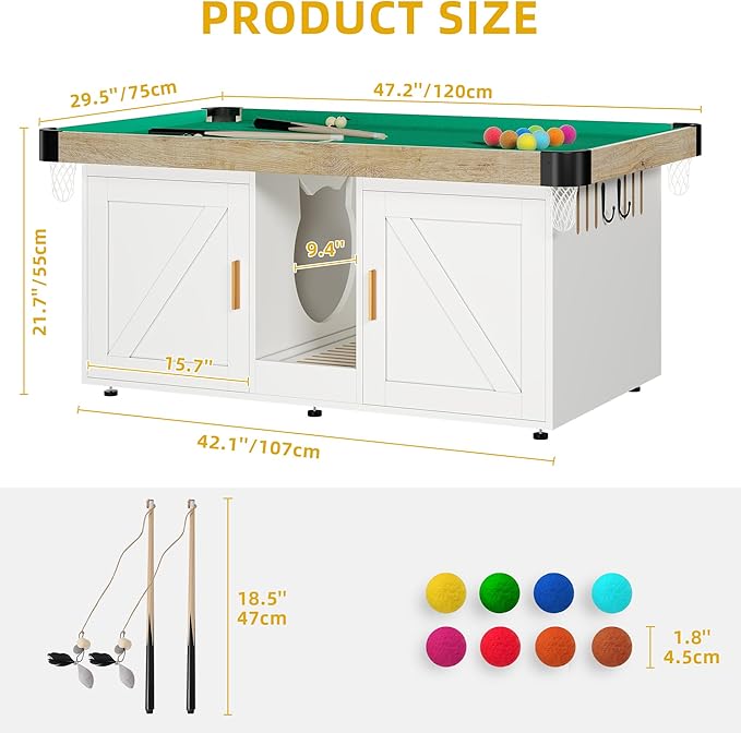 DWVO 4 in 1 Cat Toys Mini Pool Table for Cats, Litter Box Enclosure for 2 Cats, Cat Pool Table Tower with Feather Wand Interactive Exercise Play Rest Beds & Litter Box Furniture, White, Large